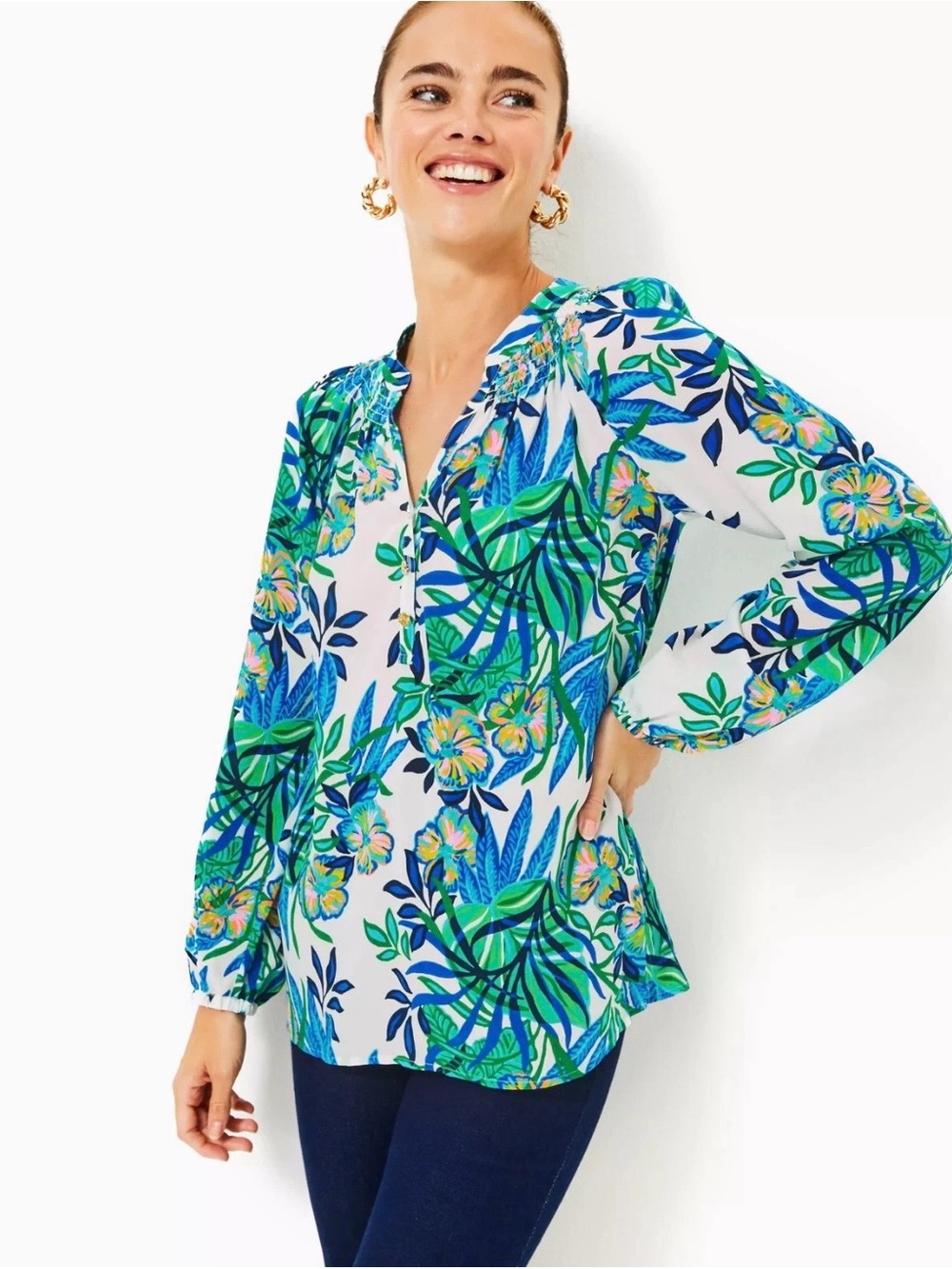 Lilly Pulitzer Elsa 100% Silk Tropical Print Top Size L
